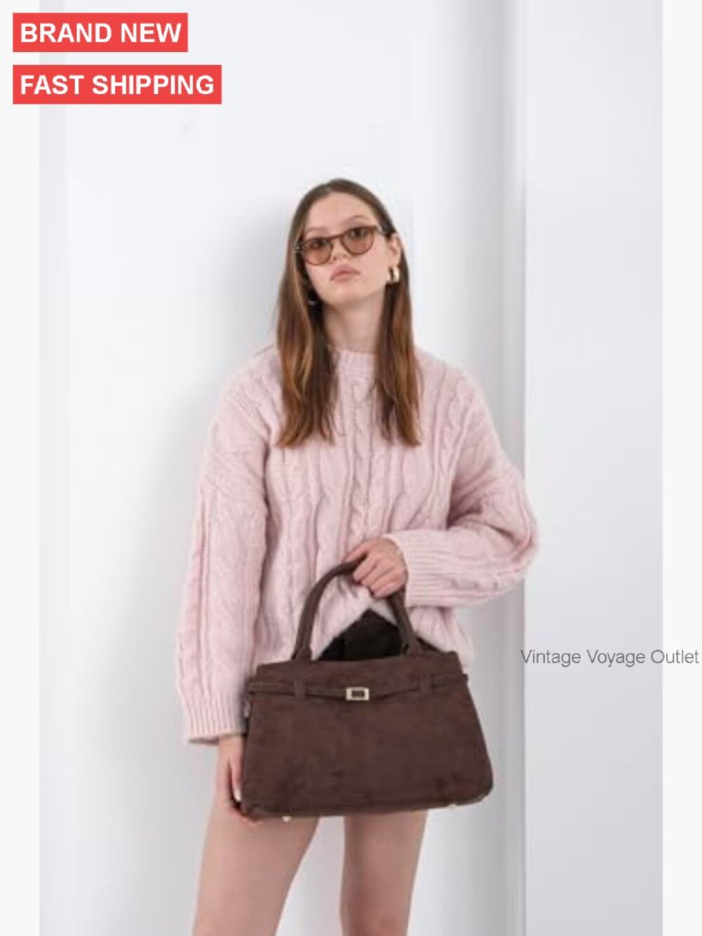 Large Vegan Suede Tote Bag with Gold Hardware Slouchy Hobo Satchel - Picture 3 of 7